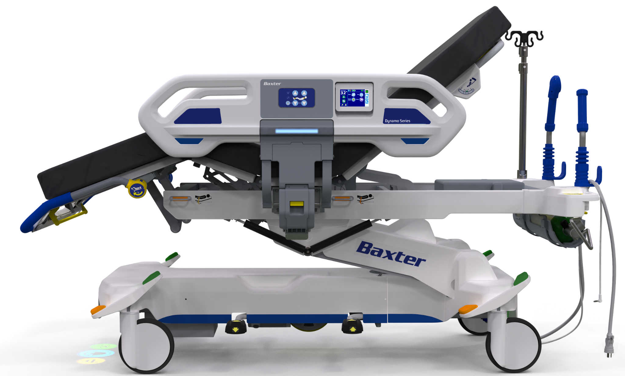 Side view of the Baxter Dynamo Series stretcher with its head section raised