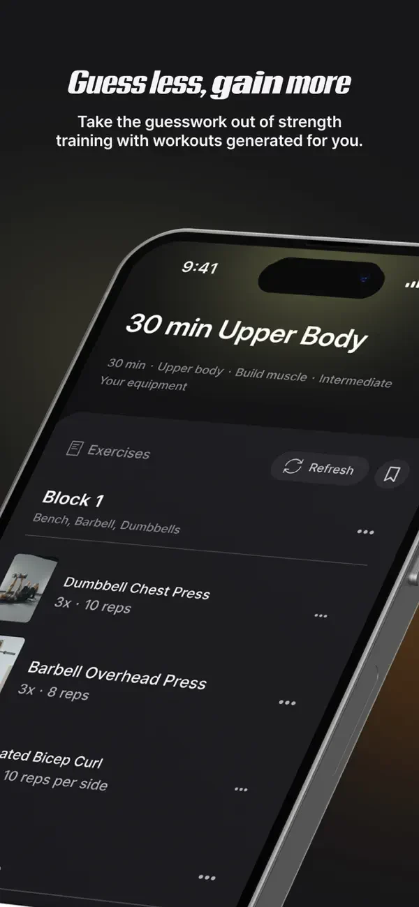 Peloton Strength+ app showing a personalized upper-body workout plan